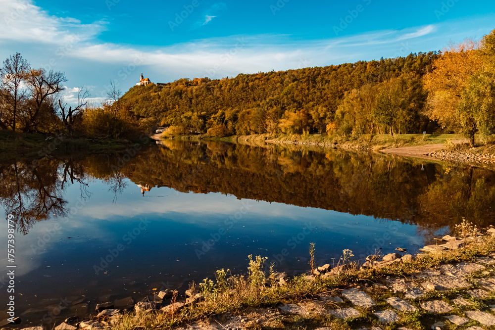 Autumn or indian summer view with reflections at Mount Bogenberg, Bogen, Danube, Bavaria, Germany