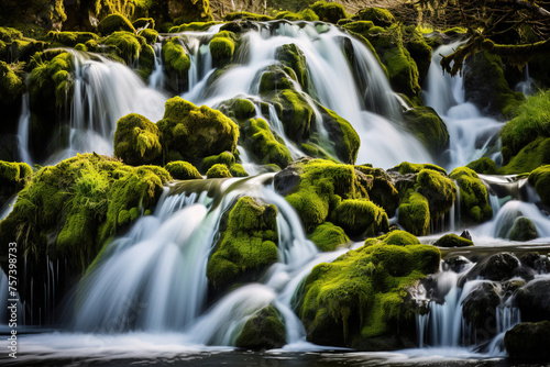 waterfall in the forest mossy rocks.