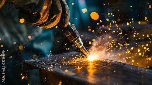 Metalworker holding welding machine wearing gloves welding metal in factory.