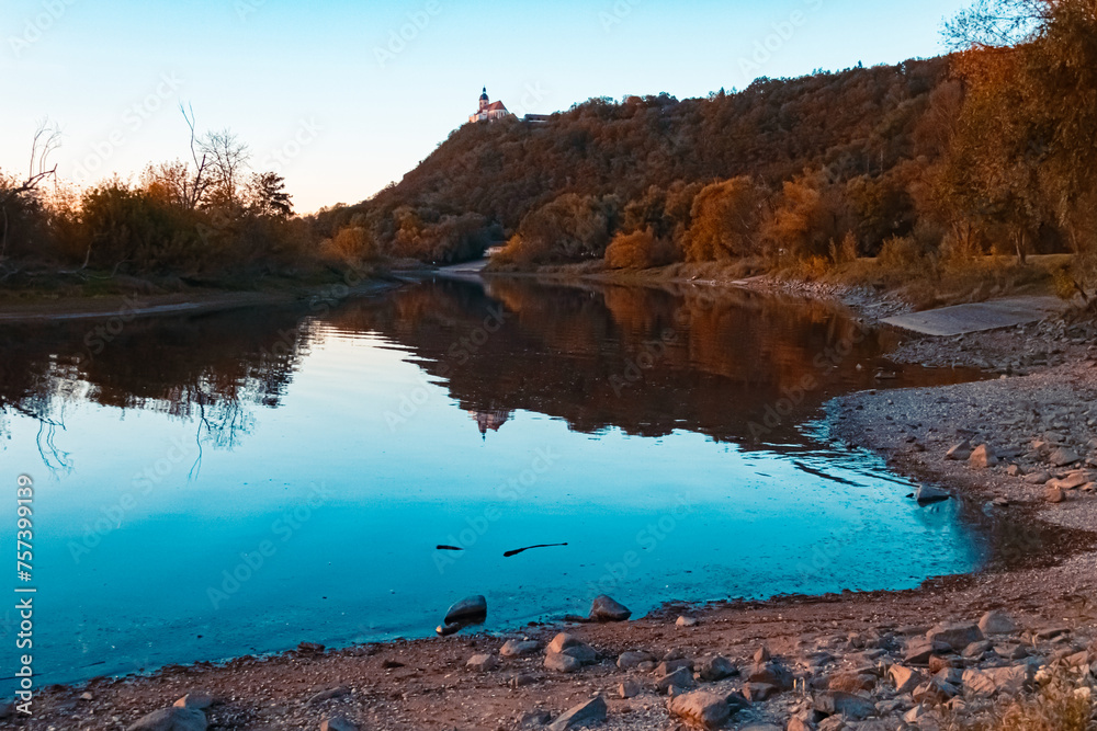 Autumn or indian summer view with reflections at Mount Bogenberg, Bogen, Danube, Bavaria, Germany Autumn or indian summer view with reflections at Mount Bogenberg, Bogen, Danube, Bavaria, Germany