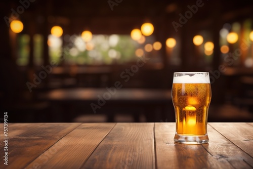 A glass of beer on a wooden table. Blurred background.
