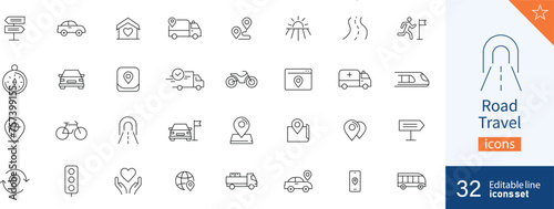 Set of 32 Road Travel web icons in line style. Address, transport , car, walking. Vector illustration. 