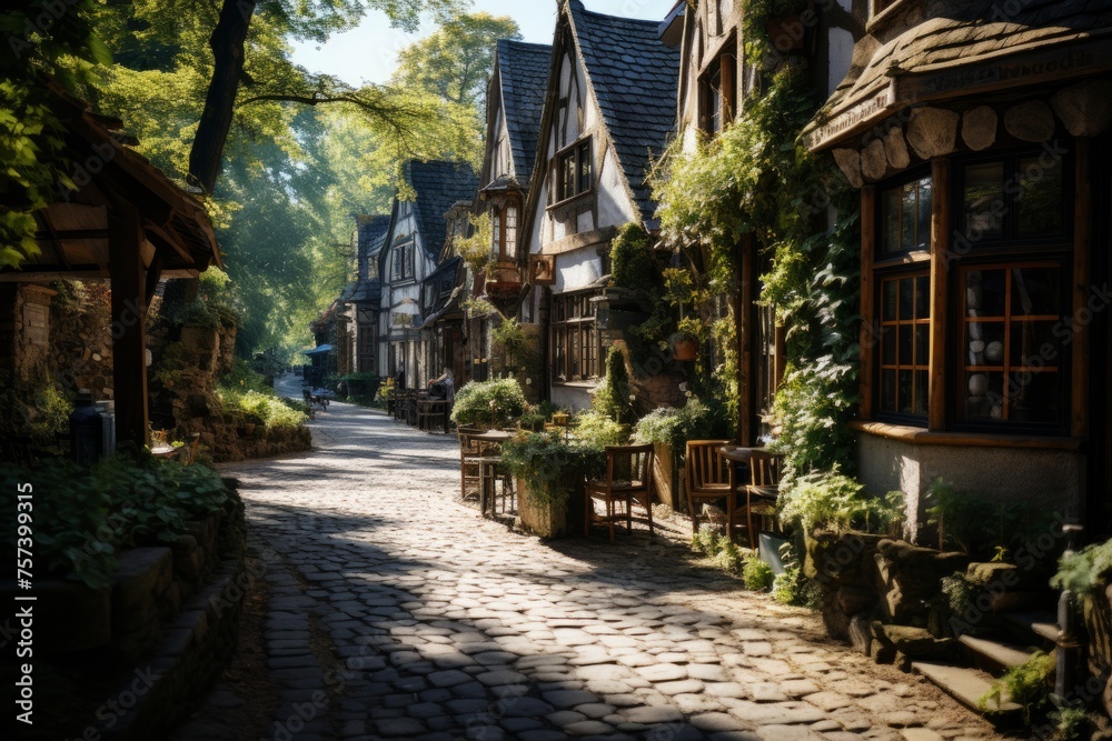 A cobblestone street in a medieval village lined with houses and trees