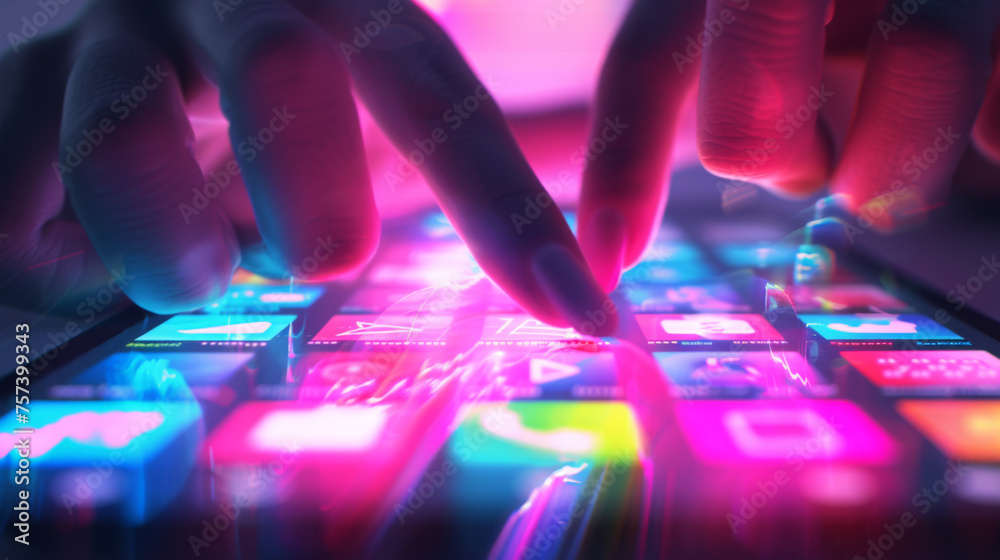 fingers are interacting with a futuristic, neon-lit, touch-sensitive interface with glowing digital icons and graphs fingers are interacting with a futuristic, neon-lit, touch-sensitive interface with glowing digital icons and graphs