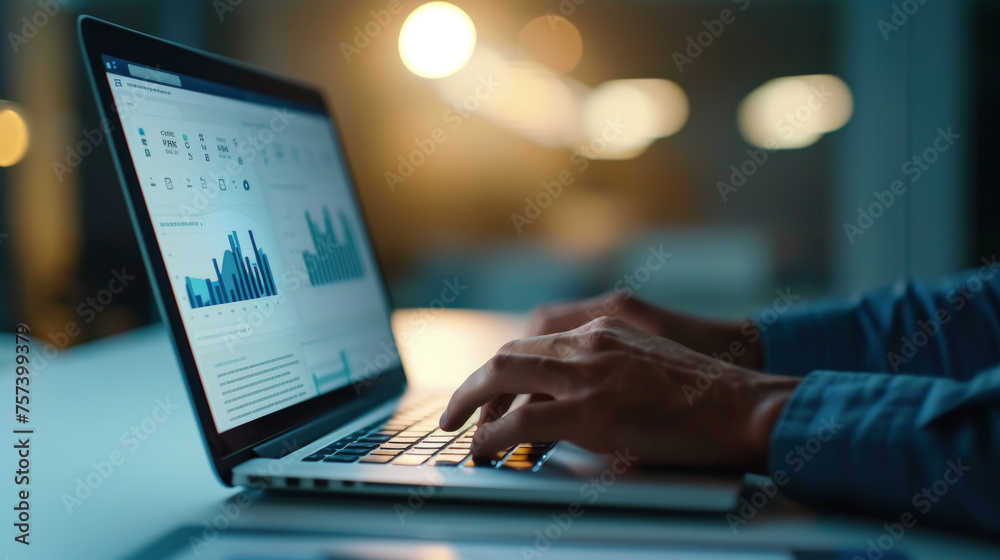 A person is typing on a laptop computer, possibly working on a project or writing an email. The laptop screen displays various graphs and charts A person is typing on a laptop computer, possibly working on a project or writing an email. The laptop screen displays various graphs and charts