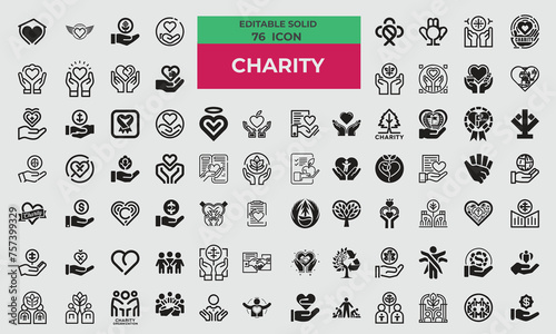 76 Solid Icons for Charity set in fill style. Excellent icons collection. Vector illustration.  photo