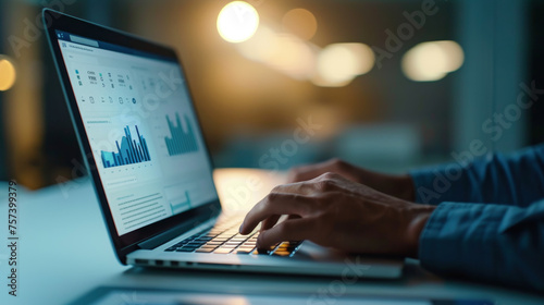 A person is typing on a laptop computer, possibly working on a project or writing an email. The laptop screen displays various graphs and charts