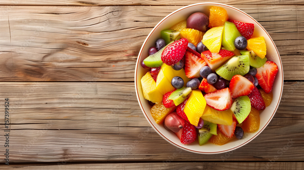 A bowl of healthy cut fruits on the wooden table top view
