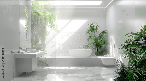 A bright and spacious modern bathroom interior with a stunning view of nature, creating a peaceful retreat