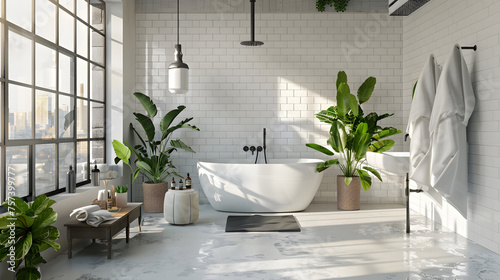 A luxurious bathroom setting featuring a freestanding tub and a natural fusion of white and green tones photo