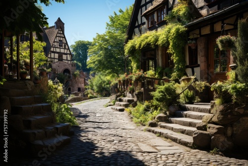 A charming cobblestone street with stairs leading up to a row of quaint houses