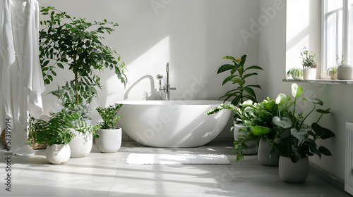 A serene bathroom setting that uses lush greenery for a peaceful  naturalistic ambiance  enhancing the modern white bath fixtures