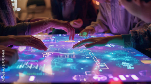 A group of people are playing a video game on a large screen. The game is colorful and has a futuristic theme. The players are using their fingers to interact with the game. The atmosphere is lively