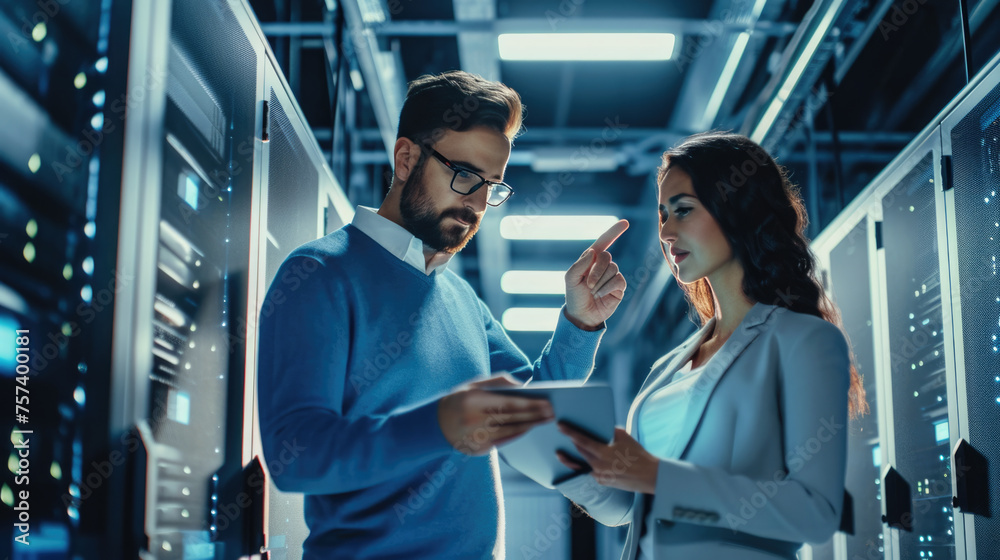 Male and a female IT professional in a data center, with the woman holding a tablet and the man observing, likely collaborating on a task. Male and a female IT professional in a data center, with the woman holding a tablet and the man observing, likely collaborating on a task.