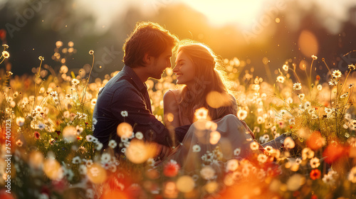 a romantic couple in love sits in an embrace on a spring meadow with flowers