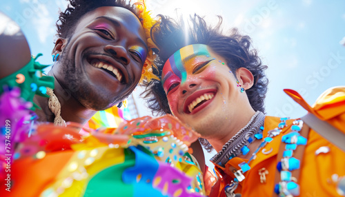 Portrait of two people couple african american and asian ethnicity guys cheerfully laughing at camera while they celebrating Pride Day Parade, People dressed colorful mostly Rainbow LGBT flag colors.