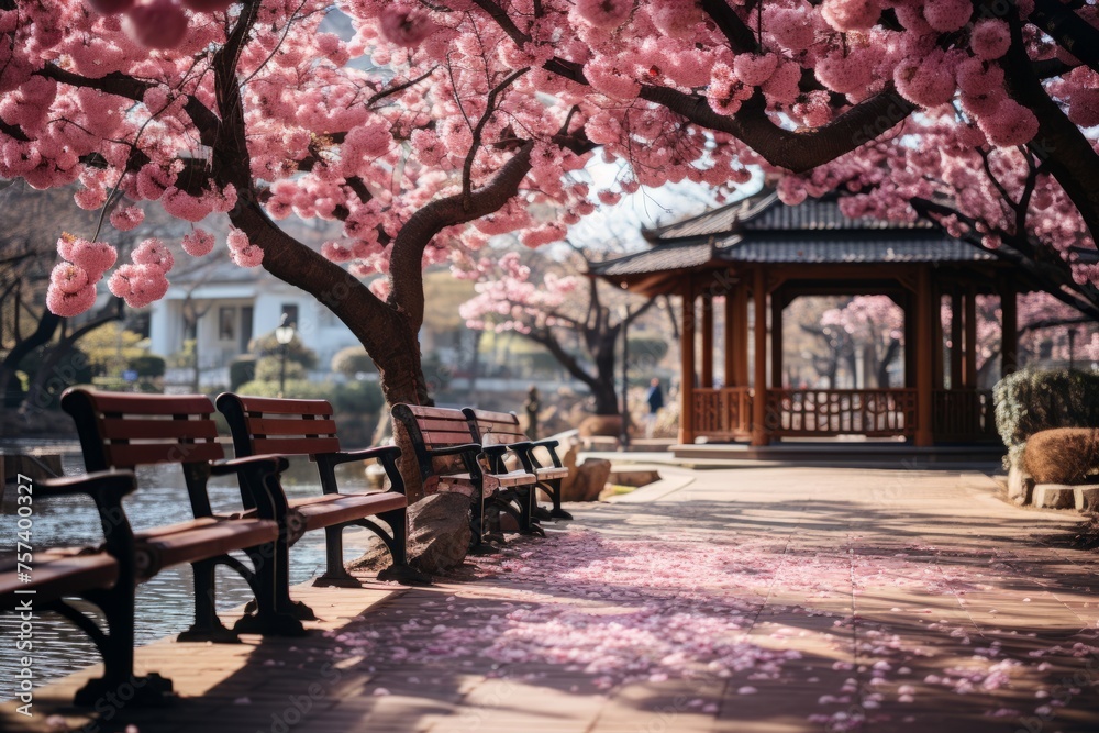 A serene park with cherry blossom trees, benches, and a gazebo