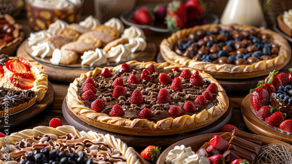Elegant fruit tarts with rich chocolate, berries, and nuts on a lavish wooden table display