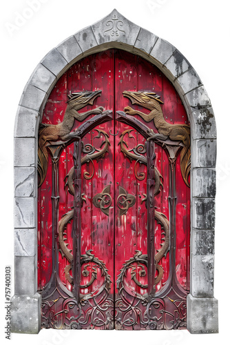 An antique red wooden door with forged patterns, an inscribed stone portal. Atmosphere of mystery, magic and fantasy