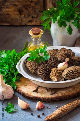 morilles dans un plat pour cuisiner, beurre, ail, persil, 