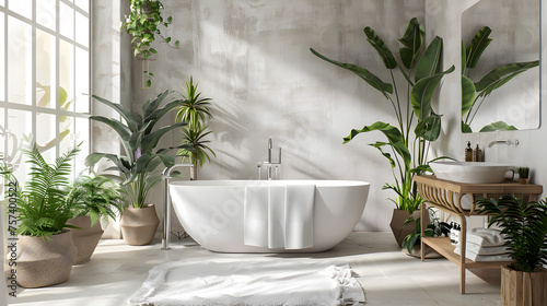 A sunlit modern bathroom featuring a freestanding white bathtub surrounded by lush green plants with bright natural light