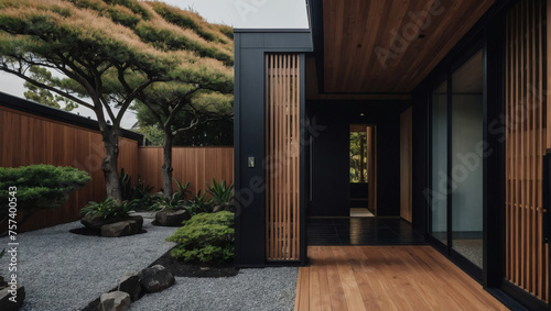 Minimalist main entrance door with black panel walls, timber wood lining, and a beautifully landscaped backyard, showcasing the exterior of a villa in Japanese style. photo