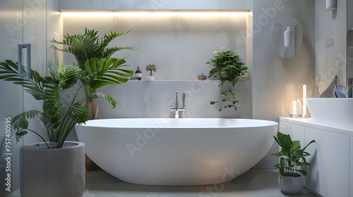 A cozy modern bathroom with ambient lighting  featuring a luxurious bathtub and vibrant plants adding life to the space