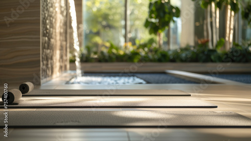 A yoga mat is laying on the floor next to a waterfall. The mats are rolled up and placed on the ground photo