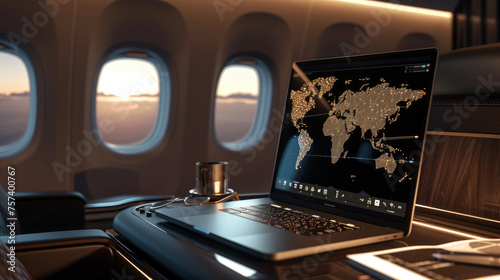 A laptop is open on a table in front of an airplane window. The laptop screen shows a map of the world. Concept of travel and adventure