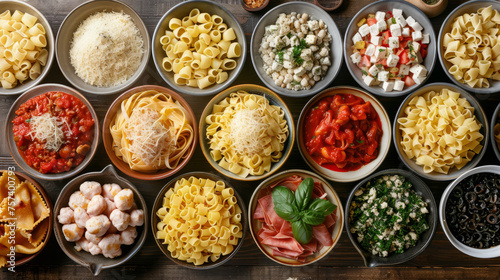 A delicious array of various pasta types with different cheeses and condiments, perfect for a traditional Italian meal