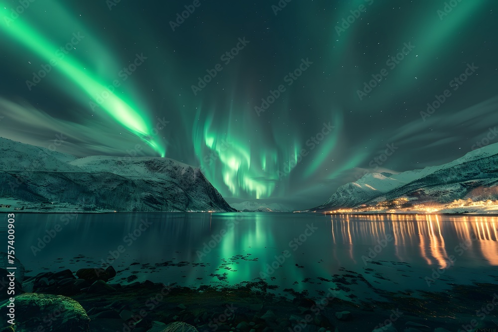 Vibrant Northern Lights dance in Norway's night sky, their green hues forming mesmerizing patterns against the dark backdrop.