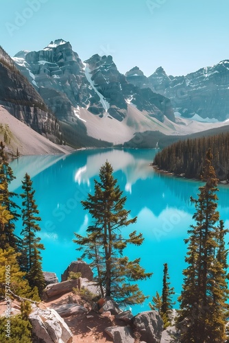 Moraine Lake's Serenity: Turquoise Waters and Towering Mountains Under a Bright Blue Sky, Encircled by Dense Pine Trees.
