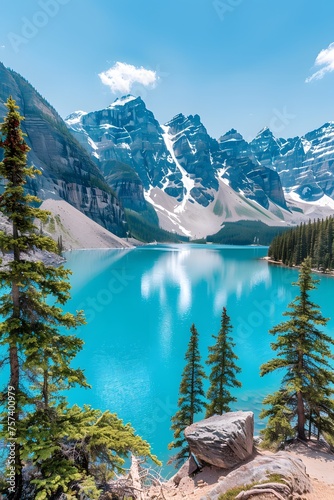 Moraine Lake's stunning turquoise waters set against a vibrant blue sky, encircled by lush pine trees and majestic mountains. © Pierre