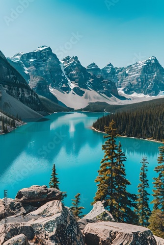 Moraine Lake's turquoise waters set against a backdrop of towering mountains and pine trees under a bright blue sky. photo