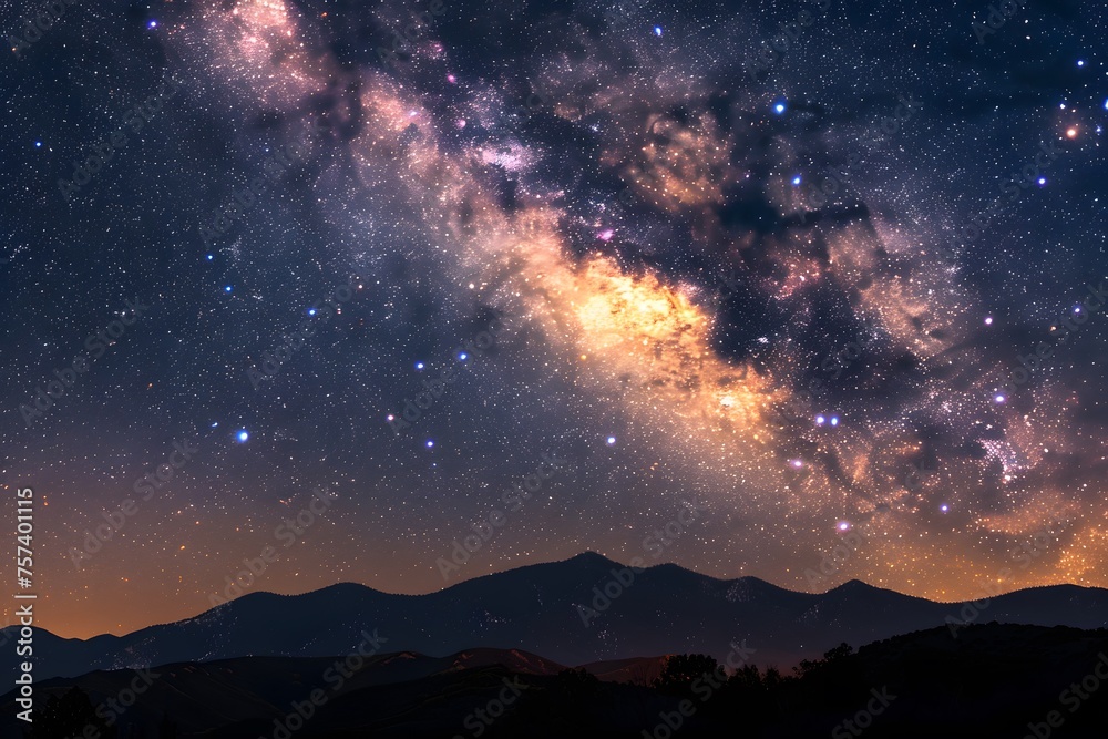 Stunning Milky Way panorama over silhouetted mountains, showcasing the galaxy's brilliance against the night's canvas.