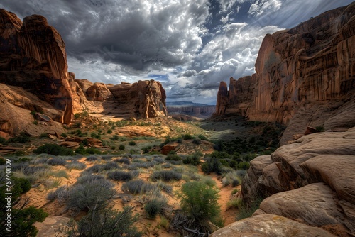 Wide-angle capture of Arches National Park reveals towering canyons, desert trails, and lush shrubs under a vast, cloudy sky.