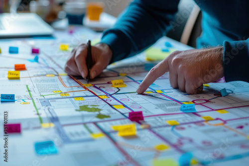 A man is pointing at a map with a pen. The map is full of colorful stickers and the man is writing on it. Scene is focused and determined, as the man is actively engaging with the map and making notes