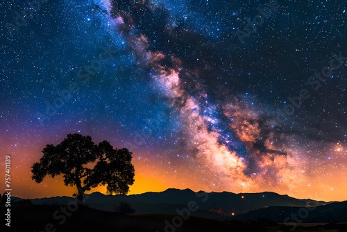 Captivating night sky showcasing the Milky Way, stars, and distant galaxies, framed by mountain or tree silhouettes.