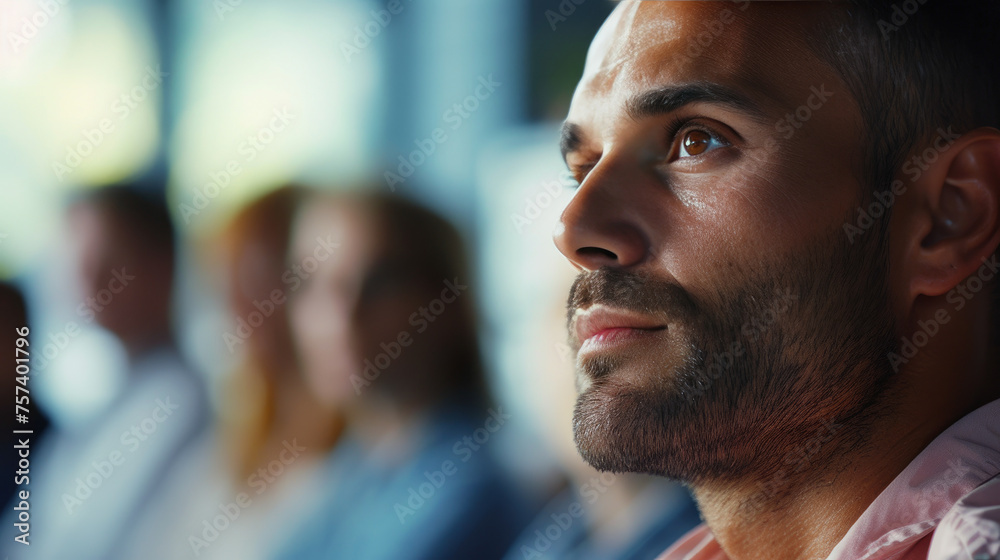 A man with a beard and a serious expression is looking at the camera. He is surrounded by other people, but he is the main focus of the image. Scene is somewhat somber A man with a beard and a serious expression is looking at the camera. He is surrounded by other people, but he is the main focus of the image. Scene is somewhat somber