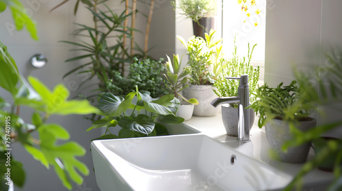 Close-up of a modern bathroom sink with running water, surrounded by vibrant green houseplants and natural light
