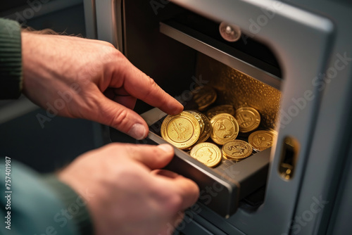 A person is holding a handful of gold coins in a small box. The coins are shiny and appear to be valuable. The person seems to be admiring the coins or possibly preparing to sell them photo