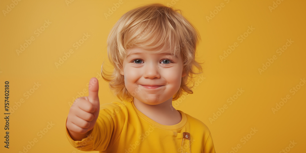 Funny blond toddler raising thumbs up in gesture of approval, isolated on yellow background. Happy child saying ok with his finger. Funny blond toddler raising thumbs up in gesture of approval, isolated on yellow background. Happy child saying ok with his finger.