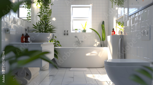 White-tiled bathroom with a modern minimalist aesthetic  featuring an abundance of indoor plants for a natural touch