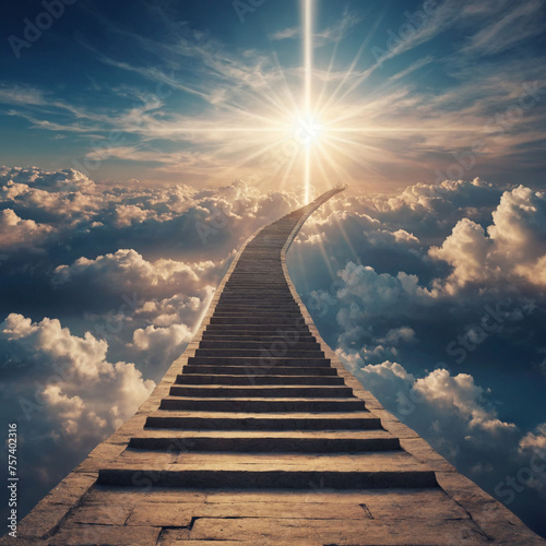 Stairs to heaven heading up to skies, bright light from heaven door, Concept art, Epic light,Background illustration of stairs on the way to heaven,The way to success concept : stair on the cloud.
