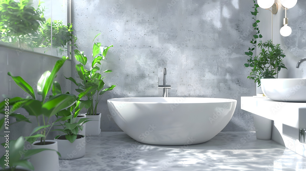 The image captures a stylish bathroom with a freestanding tub, a concrete backdrop, and vibrant green plants
