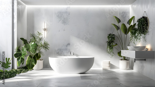 A spacious modern bathroom with natural light, plants, and a freestanding tub, showcasing a blend of style and tranquility © Reiskuchen