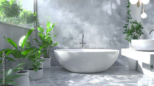 The image captures a stylish bathroom with a freestanding tub  a concrete backdrop  and vibrant green plants