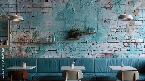 Vintage style brick wall decorated with light blue tones. It has a distinctive texture that adds character to period architecture.