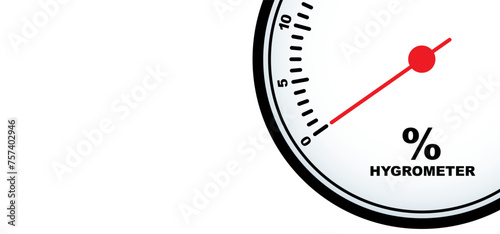 Circular analog hygrometer indicator, instrument used to measure the amount of humidity in the air. Meteorological tool. Measurement of air temperature. Humidity weather sensor. Water level, rate.