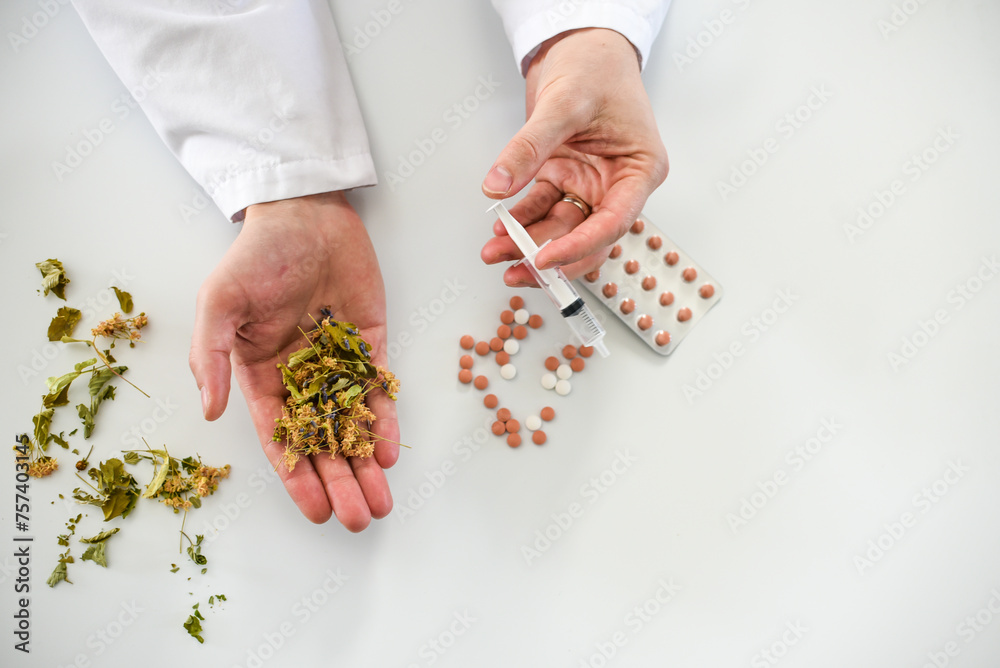 Obraz premium Choosing between natural medicine and synthetic, doctor's hands holding herbs and pills